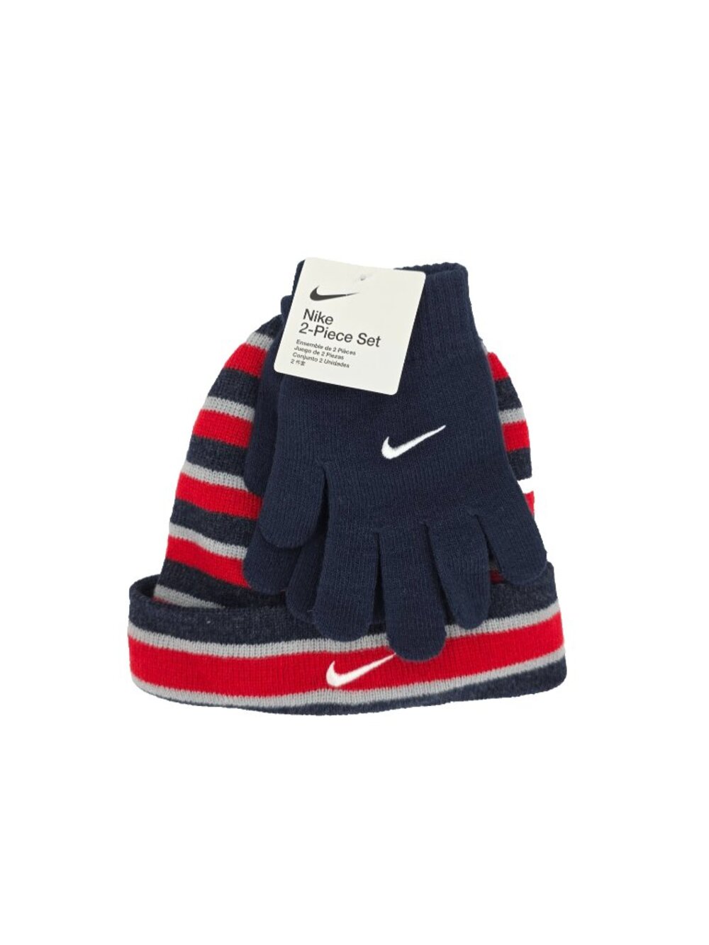 Nike 2-Piece Beanie Hat & Gloves Big Kids Boys 8/20 Red Blue Striped Cuffed Fold